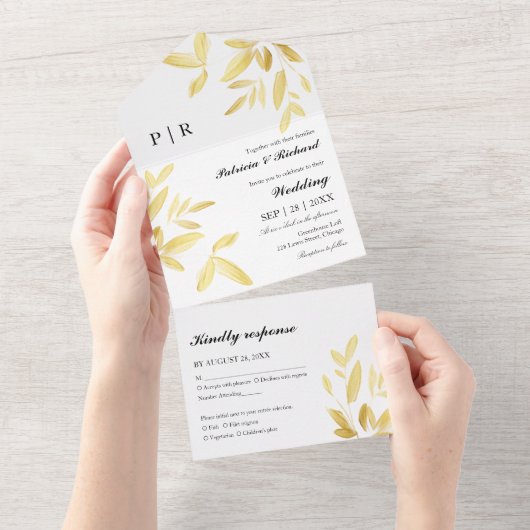 Monogram Gold Foil Blätter Elegante Hochzeit All In One Einladung (Abreißen)