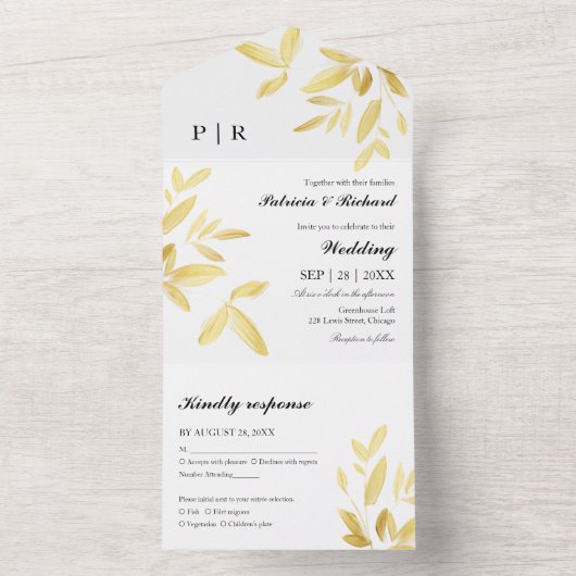 Monogram Gold Foil Blätter Elegante Hochzeit All In One Einladung (Innen Boden)