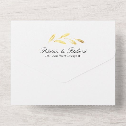 Monogram Gold Foil Blätter Elegante Hochzeit All In One Einladung (Rückseite)