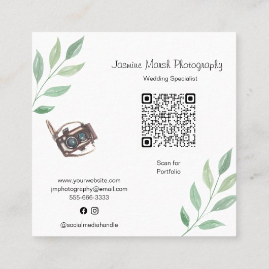 Monogram Gold Frame Fotograf QR im Hochzeitstil Quadratische Visitenkarte (Rückseite)