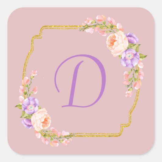 Monogram Gold Frame mit Blume Laurels Quadratischer Aufkleber (Vorderseite)