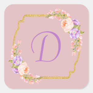 Monogram Gold Frame mit Blume Laurels Quadratischer Aufkleber