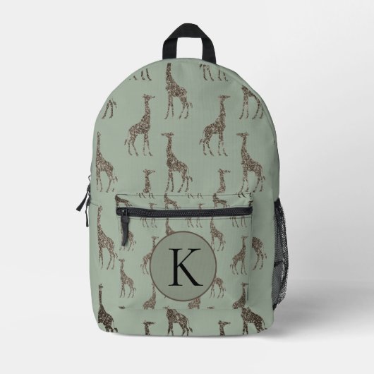 Monogram Gold Giraffe auf Sage Bedruckter Rucksack (Vorderseite)