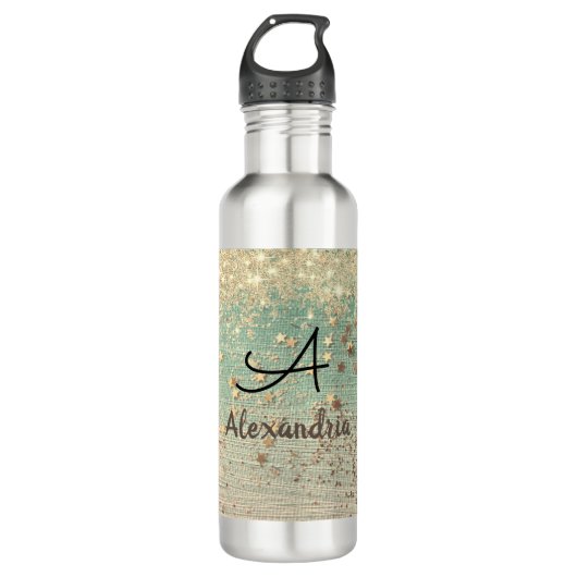 Monogram Gold Glitzer auf Sea Green Edelstahlflasche (Vorderseite)