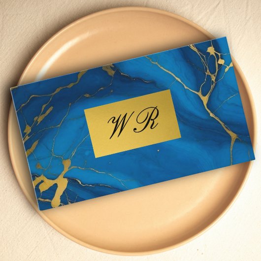 Monogram Gold Glitzer Blue Marmor Visitenkarte