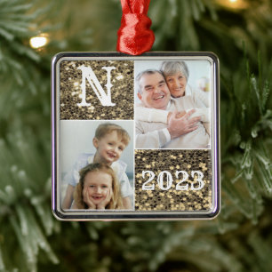 Monogram Gold Glitzer Foto Weihnachtsfeiertag Ornament Aus Metall