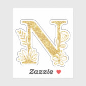 Monogram Gold Glitzer Initial N Floral Sticker (Blatt)
