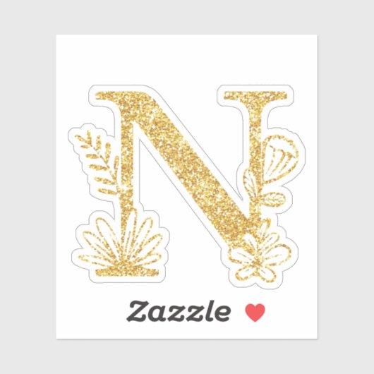 Monogram Gold Glitzer Initial N Floral Sticker (Blatt)