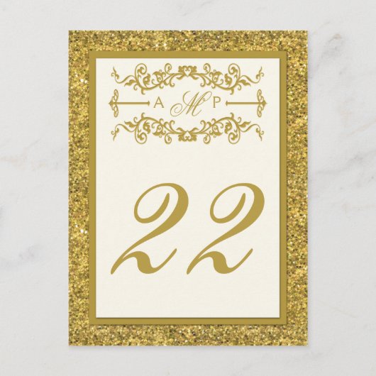 Monogram Gold Glitzer LOOK Tischnummer Card (Vorderseite)