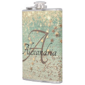 Monogram Gold Glitzer Stars auf grüner Runde Flachmann (Links)