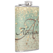 Monogram Gold Glitzer Stars auf grüner Runde Flachmann (Rechts)