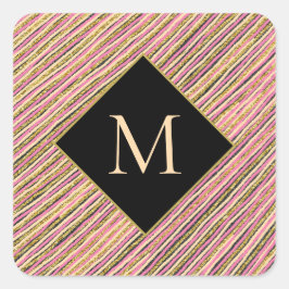 Monogram Gold Glitzer Stripes Black Quadratischer Aufkleber