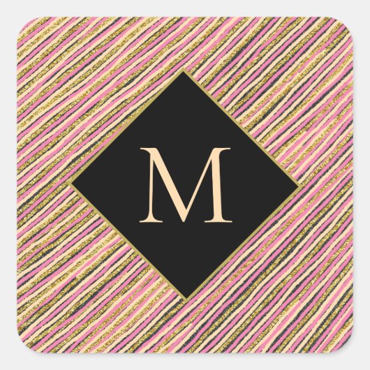 Monogram Gold Glitzer Stripes Black Quadratischer Aufkleber (Vorderseite)