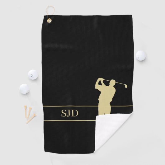 Monogram Gold Golfer on Black Golfhandtuch (Insitu)
