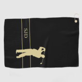 Monogram Gold Golfer on Black Golfhandtuch (Horizontal)
