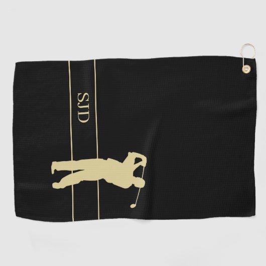 Monogram Gold Golfer on Black Golfhandtuch (Horizontal)