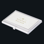 Monogram Gold Gray | Minimalistisch Elegant modern Visitenkarten Dose<br><div class="desc">Ein einfaches,  individuelles Monogramm-Design in einer modernen,  goldfarbenen Typografie auf elegantem,  weichem,  weichem,  schwarzem Hintergrund. Die Monogramm-Initialen und der Name können zusammen mit der Feature-Zeile leicht personalisiert werden,  um ein Design so einzigartig wie Sie sind zu machen! Das perfekte Geschenk oder Zuhause-Accessoire.</div>