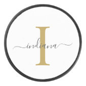 Monogram Gold Gray Script Name Moderne Typografie Eishockey Puck (Vorderseite)