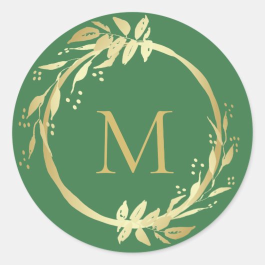 Monogram Gold Green Christmas Wreath Umschlag Aufk Runder Aufkleber (Vorderseite)