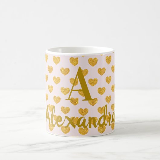 Monogram Gold Hearts rosa Personalisiert Name Kaffeetasse (Mittel)