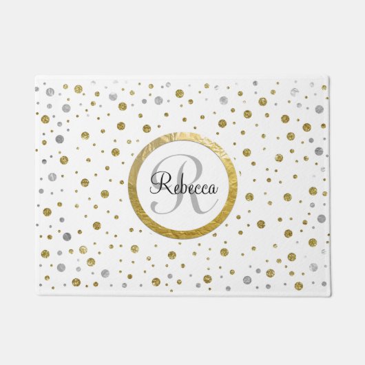 Monogram Gold Leaf Print Silber Confetti Fußmatte (Vorderseite)