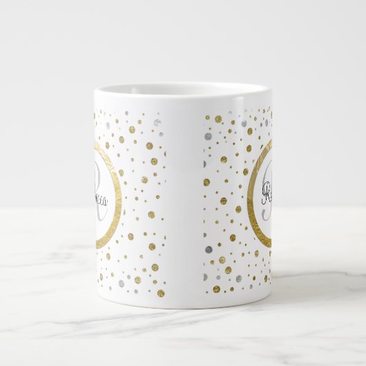 Monogram Gold Leaf Print Silber Confetti Jumbo-Tasse (Vorderseite)