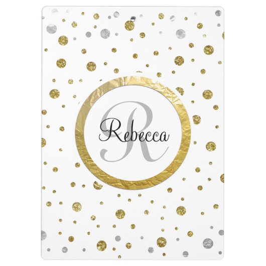 Monogram Gold Leaf Print Silber Confetti Klemmbrett (Rückseite)