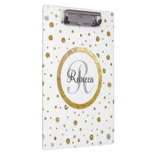 Monogram Gold Leaf Print Silber Confetti Klemmbrett (Rechts)