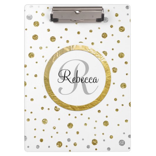 Monogram Gold Leaf Print Silber Confetti Klemmbrett (Vorderseite)