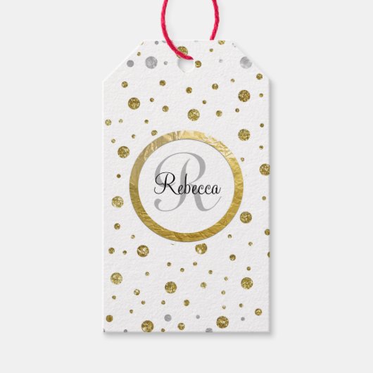 Monogram Gold Leaf Print Silver Confetti Geschenkanhänger (Vorderseite)