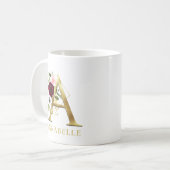 Monogram Gold Letter A | Floral Pink Burgundy Name Kaffeetasse (Vorderseite Links)