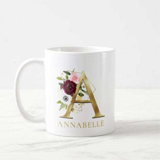Monogram Gold Letter A | Floral Pink Burgundy Name Kaffeetasse (Links)