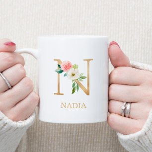Monogram Gold Letter N   Florrosa weiß grün Kaffeetasse