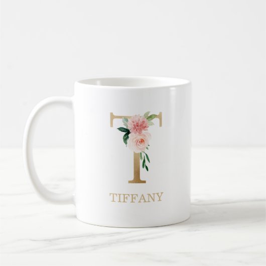 Monogram Gold Letter T | Florrosa weiß grün Kaffeetasse (Links)