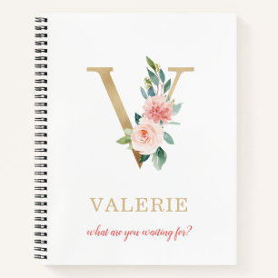 Monogram Gold Letter V   Blumenmotto oder Zitat Notizblock