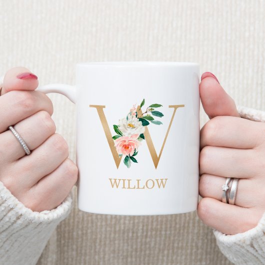 Monogram Gold Letter W | Floral Pink White Green Kaffeetasse