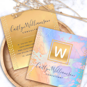 Monogram Gold lila Blue Aquarellmarmor-Skript Quadratische Visitenkarte