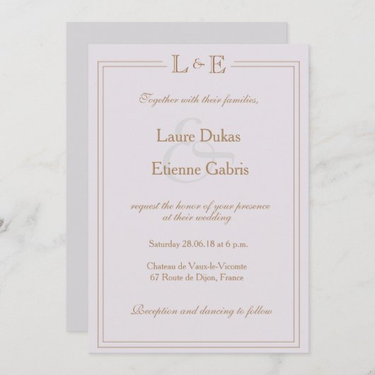 Monogram Gold lila graue Ampere und moderne Hochze Einladung (Vorne/Hinten)