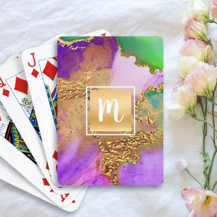 Monogram Gold lila grüner Marmor Aquarell fett Spielkarten