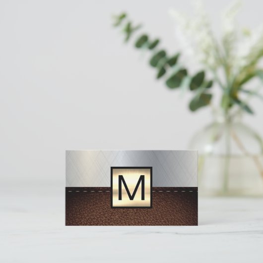 Monogram Gold Metallic | Leder Visitenkarte (Stehend Vorderseite)