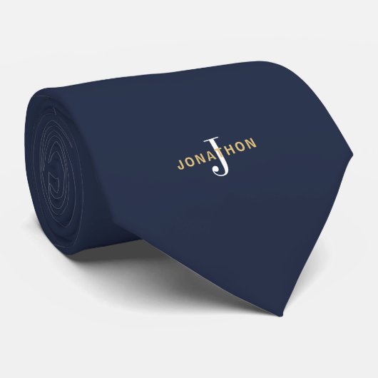 Monogram Gold Name White Initial Masculine Navy Krawatte (Gerollt)