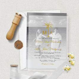 Monogram Gold Palm Tree Formal Beach Wedding Pergament Einladungen