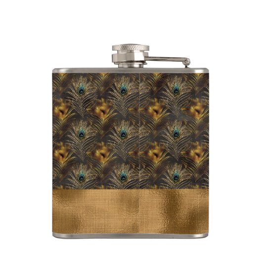 Monogram Gold Peacock Feather Monogram Elegant Per Flachmann (Rückseite)