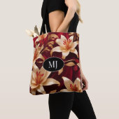 Monogram Gold Pink Lilie auf Roter Seide Tote Bag Tasche (Von Nahem)