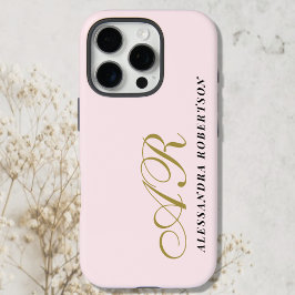 Monogram Gold Powder Pink Black Name Minimalistisc iPhone 16 Pro Hülle