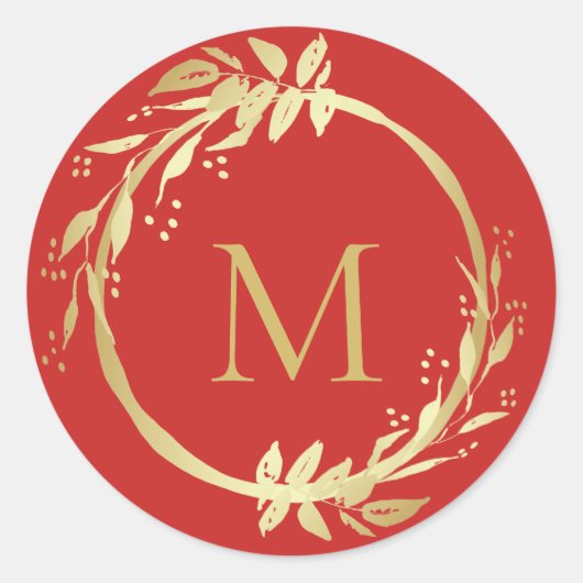 Monogram Gold Red Christmas Wreath Umschlag Aufkle Runder Aufkleber (Vorderseite)