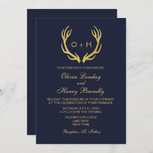 Monogram Gold Rustic Antlers Wedding Einladung