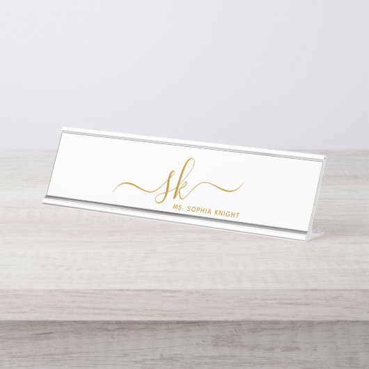 Monogram Gold Script Calligrafy Modern Custom Schreibtischnamensplakette (Vorderseite )