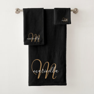 Monogram Gold Script Name Black Badhandtuch Set