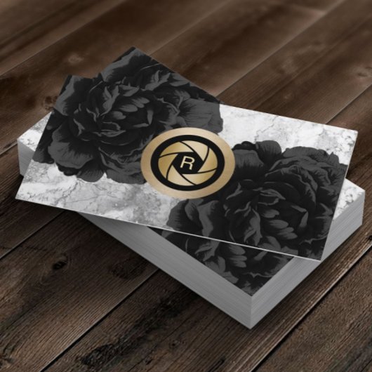 Monogram Gold Shutter Black Floral Visitenkarte